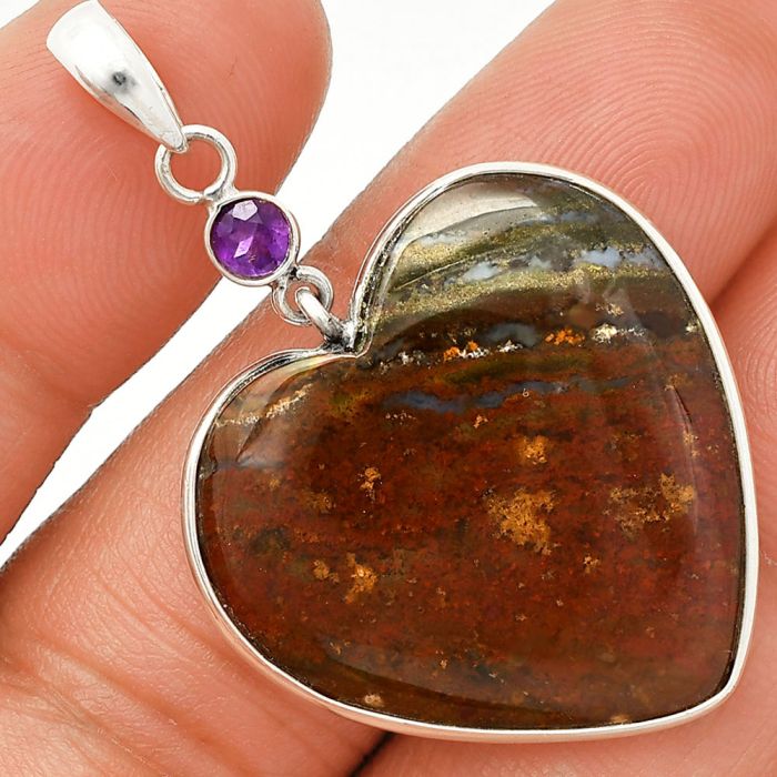 Heart - Texas Moss Agate and Amethyst Pendant SDP150154 P-1098, 28x28 mm