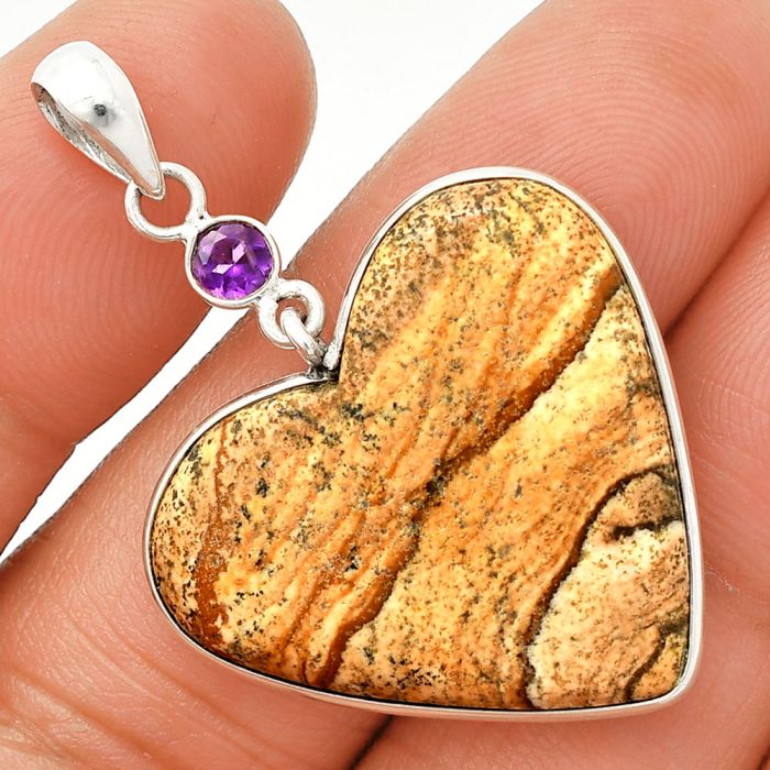 Heart - Picture Jasper and Amethyst Pendant SDP150174 P-1098, 27x29 mm