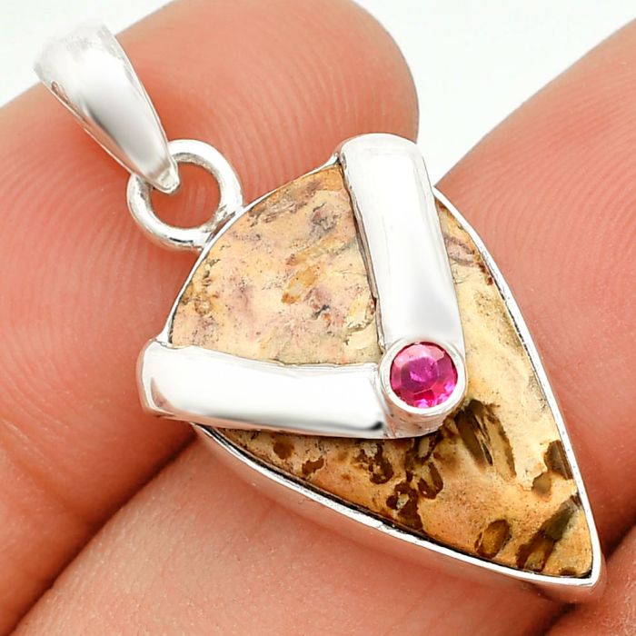 Palm Root Fossil Agate and Ruby Pendant SDP150756 P-1735, 13x21 mm