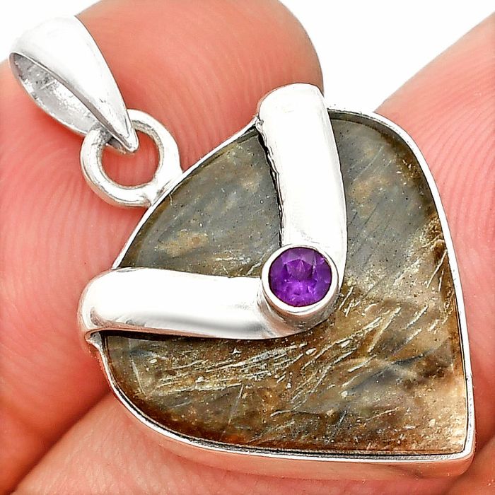 Palm Root Fossil Agate and Amethyst Pendant SDP150766 P-1735, 18x19 mm