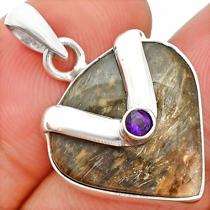 Palm Root Fossil Agate and Amethyst Pendant SDP150768 P-1735, 18x18 mm