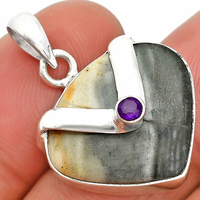 Palm Root Fossil Agate and Amethyst Pendant SDP150786 P-1735, 18x21 mm
