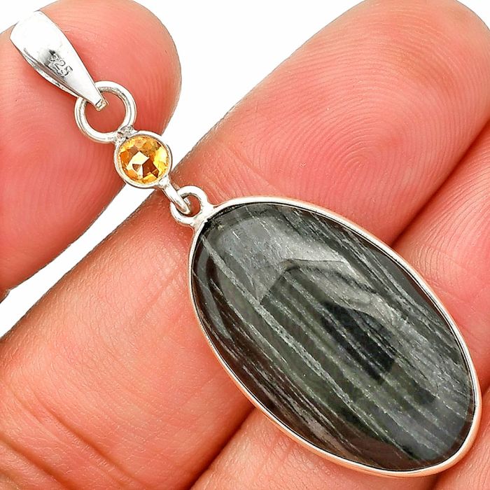 Silver Leaf Obsidian and Citrine Pendant SDP150918 P-1098, 15x26 mm