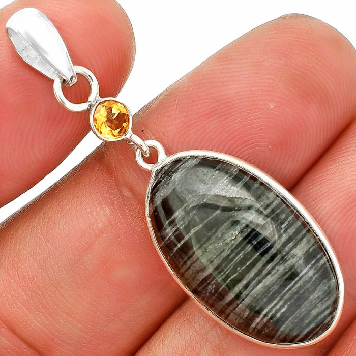 Silver Leaf Obsidian and Citrine Pendant SDP150939 P-1098, 14x23 mm