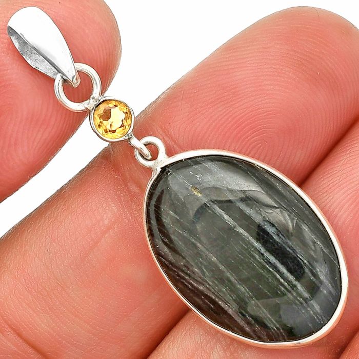 Silver Leaf Obsidian and Citrine Pendant SDP150944 P-1098, 15x22 mm