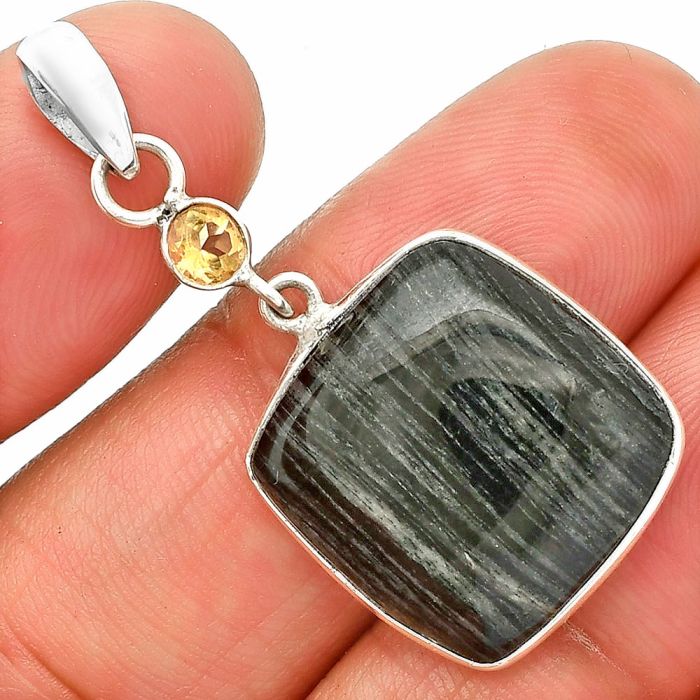 Silver Leaf Obsidian and Citrine Pendant SDP150963 P-1098, 18x18 mm