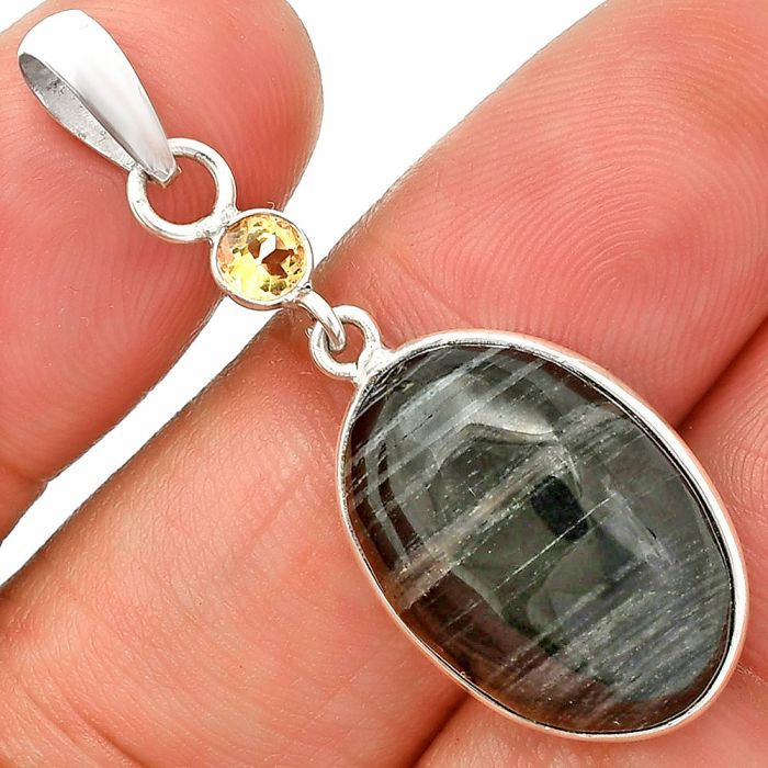Silver Leaf Obsidian and Citrine Pendant SDP150994 P-1098, 14x20 mm