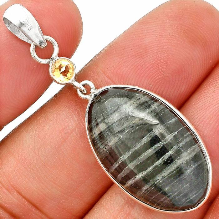 Silver Leaf Obsidian and Citrine Pendant SDP151006 P-1098, 15x25 mm