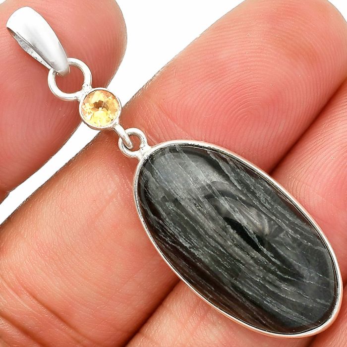 Silver Leaf Obsidian and Citrine Pendant SDP151018 P-1098, 14x26 mm