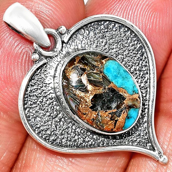 Heart - Shell In Black Blue Turquoise Pendant SDP151285 P-1503, 11x15 mm
