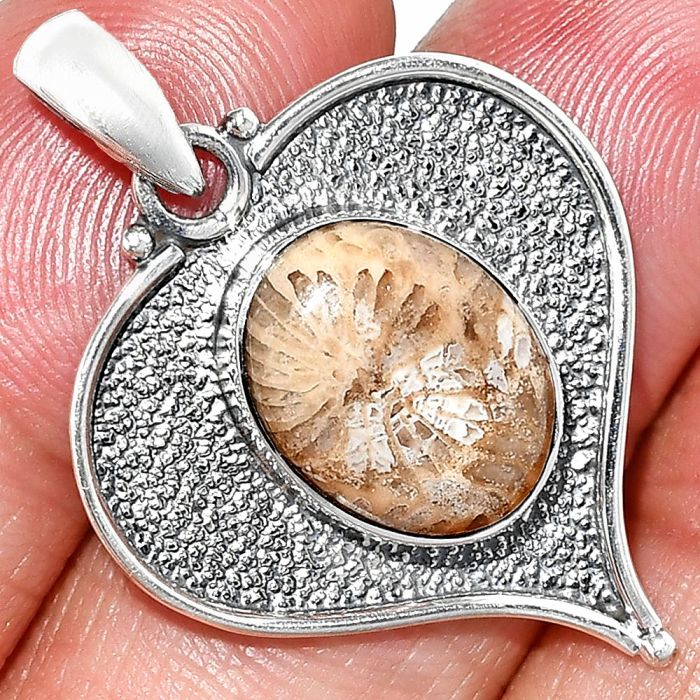 Heart - Flower Fossil Coral Pendant SDP151291 P-1503, 11x14 mm