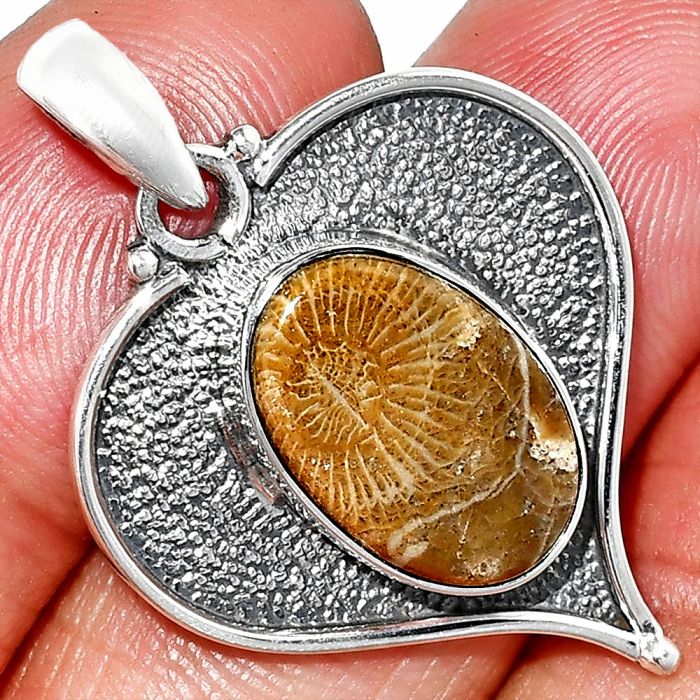 Heart - Flower Fossil Coral Pendant SDP151297 P-1503, 10x16 mm