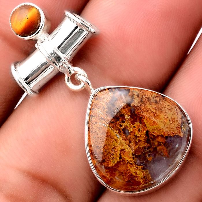 Natural Garden Moss Agate and Tiger Eye Pendant SDP68260 P-1337, 17x17 mm