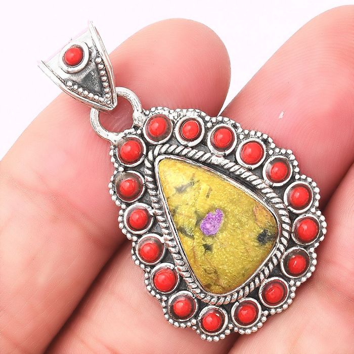 Natural Stichtite and Coral Pendant SDP75019 P-1144, 10x17 mm