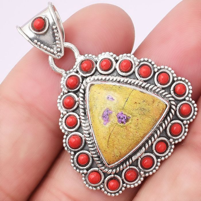 Natural Stichtite and Coral Pendant SDP75025 P-1144, 14x14 mm