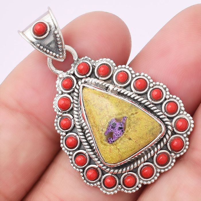 Natural Stichtite and Coral Pendant SDP75028 P-1144, 11x17 mm