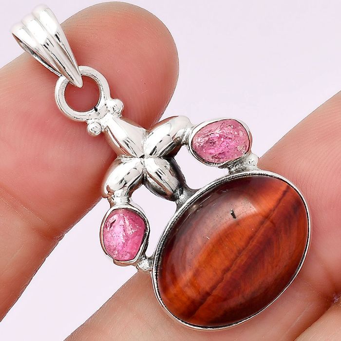 Red Tiger Eye and Pink Tourmaline Rough Pendant SDP75466 P-1673, 13x18 mm