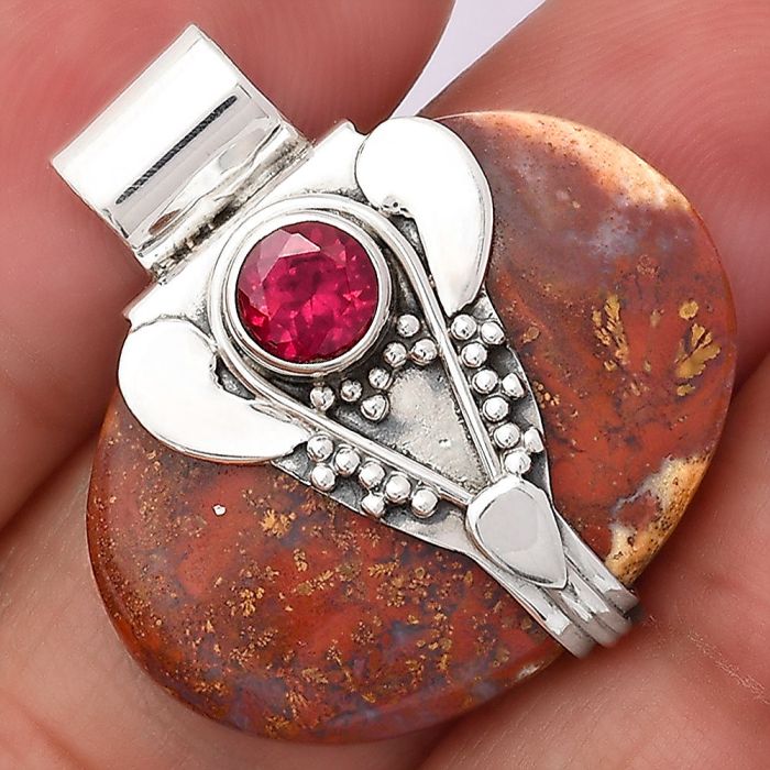 Lord Ganesha - Red Moss Agate and Ruby Pendant SDP75565 P-1464, 19x26 mm