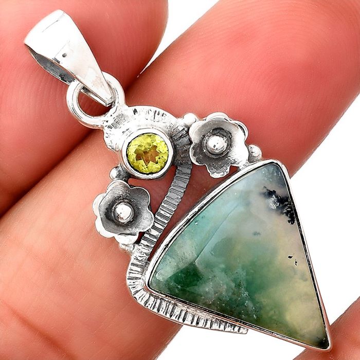 Dendritic Chrysoprase and Peridot 925 Sterling Silver Pendant Jewelry SDP76580 P-1689, 16x17 mm