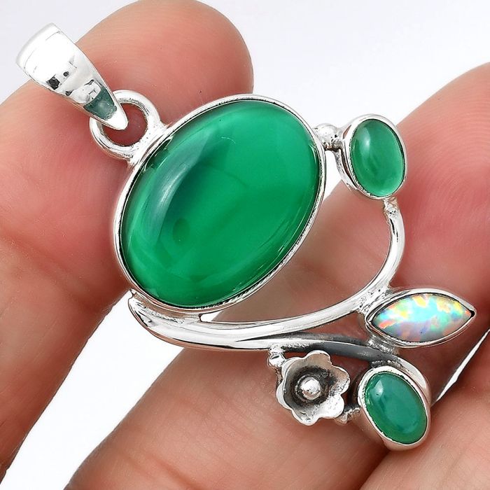 Natural Green Onyx and Fire Opal Pendant SDP77631 P-1706, 13x18 mm