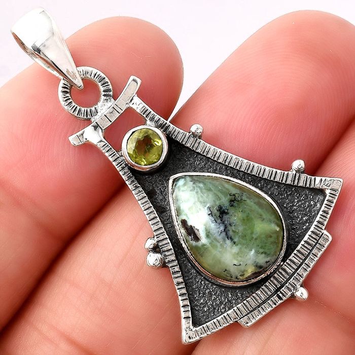 Dendritic Chrysoprase - Africa and Peridot 925 Silver Pendant Jewelry SDP80012 P-1450, 10x14 mm