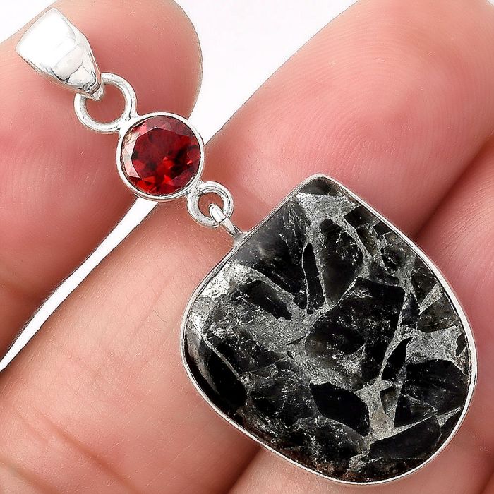 Obsidian And Zinc and Garnet Pendant SDP81240 P-1098, 18x21 mm