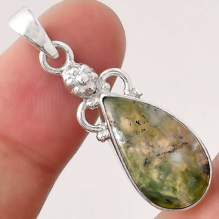 Dendritic Chrysoprase - Africa 925 Sterling Silver Pendant Jewelry SDP81544 P-1220, 11x20 mm