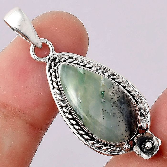 Dendritic Chrysoprase - Africa 925 Sterling Silver Pendant Jewelry SDP83665 P-1620, 11x21 mm