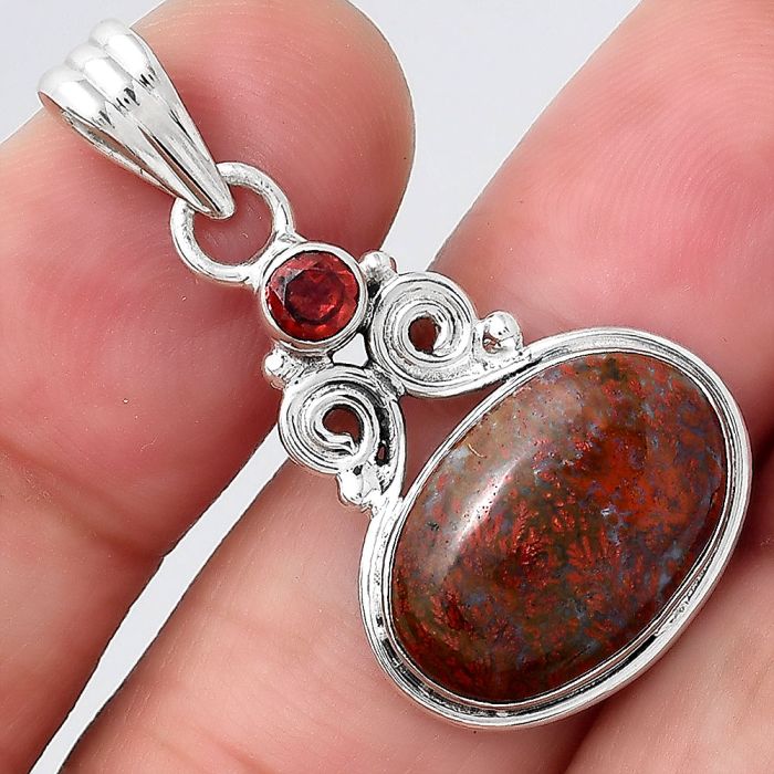 Natural Red Moss Agate and Garnet Pendant SDP86385 P-1603, 11x16 mm