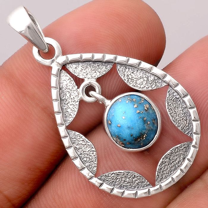 Kingman Turquoise With Pyrite 925 Sterling Silver Pendant P-1478, 9x9 mm
