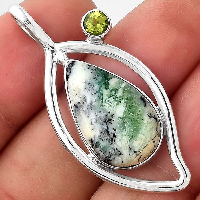 Dendritic Chrysoprase Africa and Peridot 925 Silver Pendant Jewelry SDP87435 P-1640, 12x20 mm