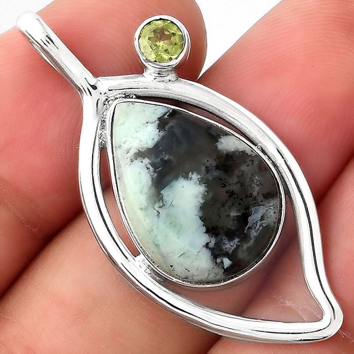 Dendritic Chrysoprase Africa and Peridot 925 Silver Pendant Jewelry SDP87452 P-1640, 13x18 mm