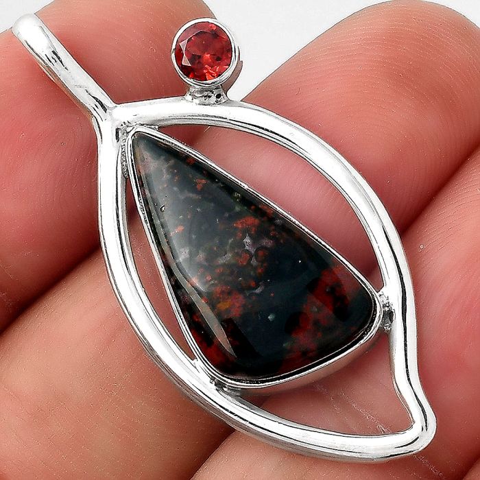 Natural Blood Stone - India and Garnet Pendant SDP87456 P-1640, 11x21 mm