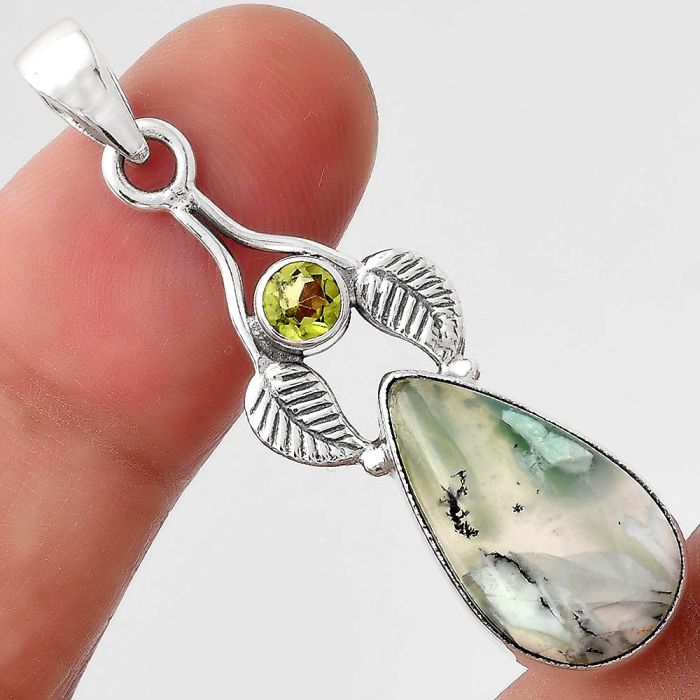 Dendritic Chrysoprase Africa and Peridot 925 Silver Pendant Jewelry SDP89833 P-1416, 10x19 mm