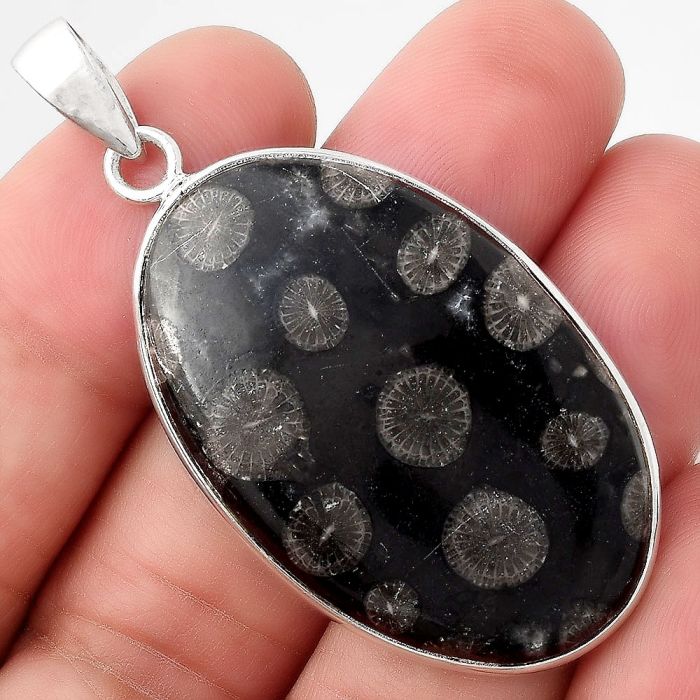 Natural Black Flower Fossil Coral Pendant SDP89838 P-1001, 24x39 mm