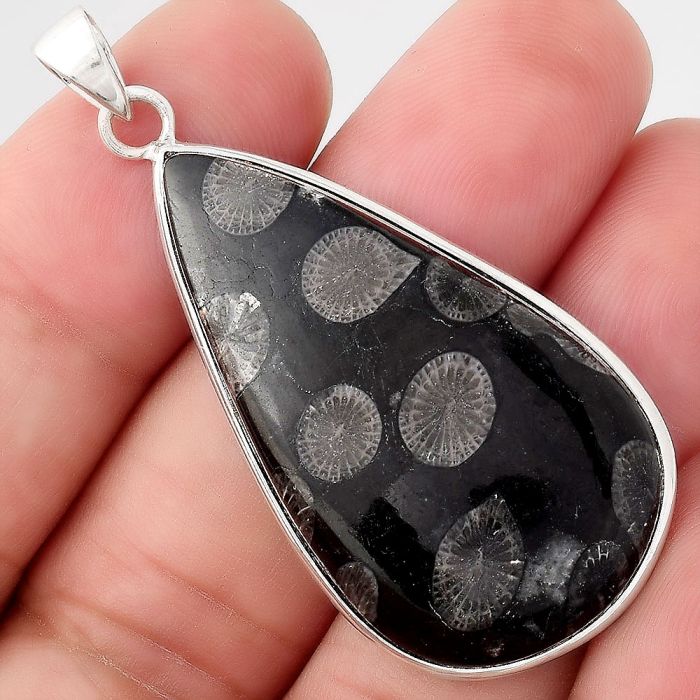 Natural Black Flower Fossil Coral Pendant SDP90828 P-1001, 22x39 mm