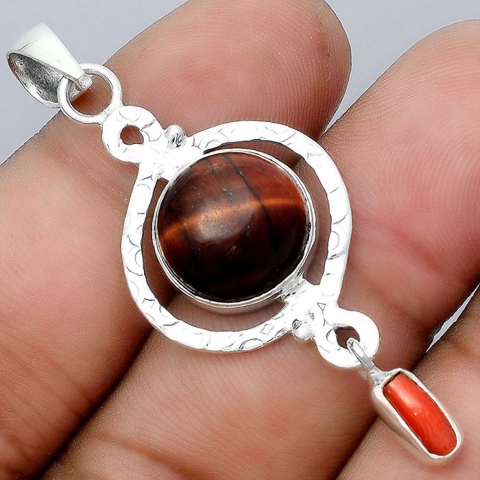 Natural Red Tiger Eye and Coral Stick Pendant SDP91826 P-1115, 17x17 mm