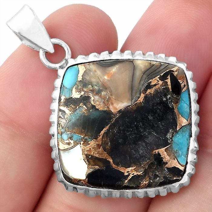Natural Shell In Black Blue Turquoise Pendant SDP96401 P-1371, 22x22 mm