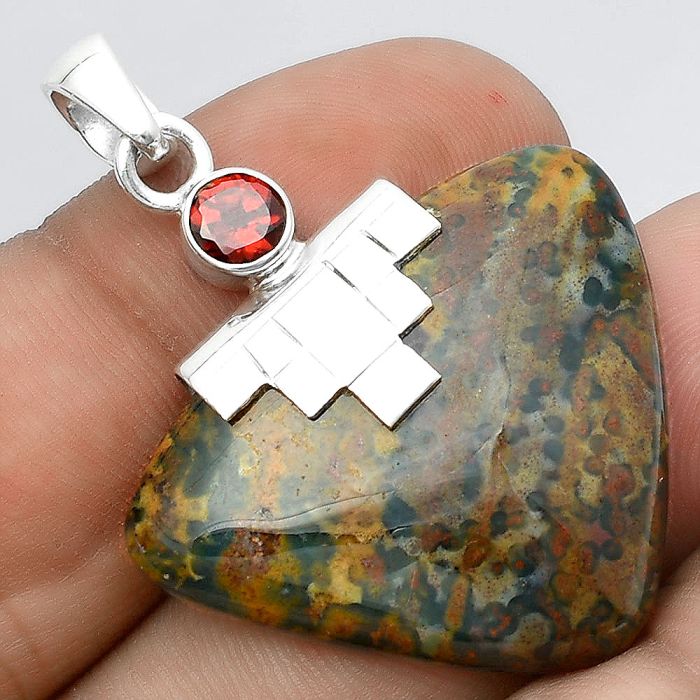 Natural Blood Stone - India and Garnet Pendant SDP97416 P-1653, 26x31 mm
