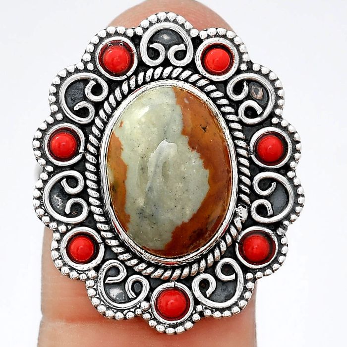 Natural Rocky Butte Jasper and Coral Ring size-8 SDR108928 R-1366, 10x14 mm