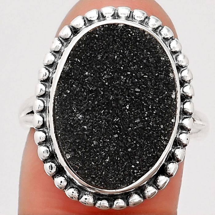 Natural Black Druzy Ring size-8 SDR110944 R-1071, 13x18 mm