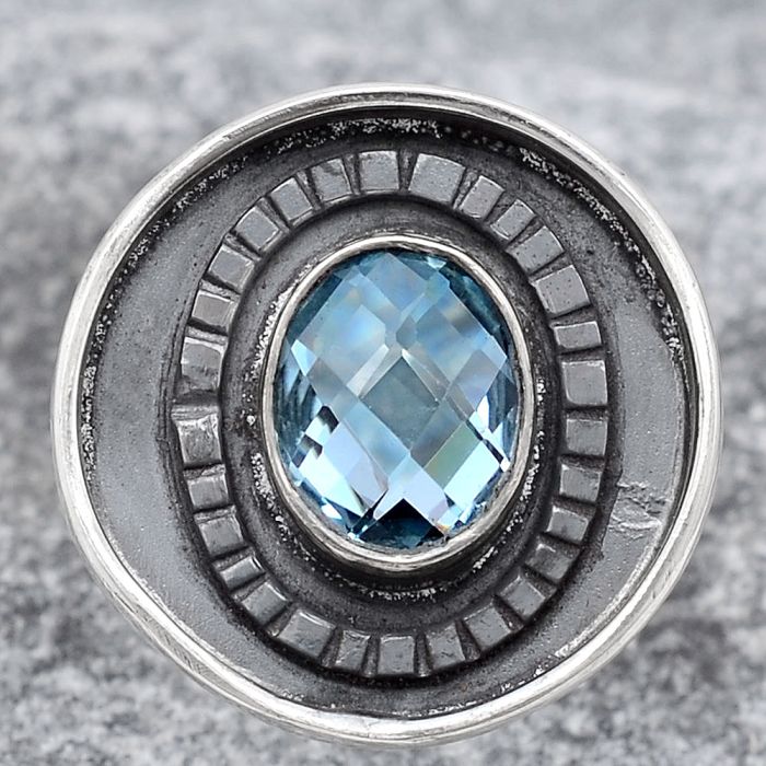 Faceted Natural Sky Blue Topaz Ring size-7 SDR116864 R-1080, 7x9 mm