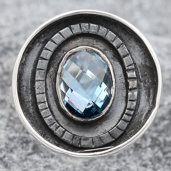 Faceted Natural Sky Blue Topaz Ring size-8.5 SDR116953 R-1080, 7x9 mm