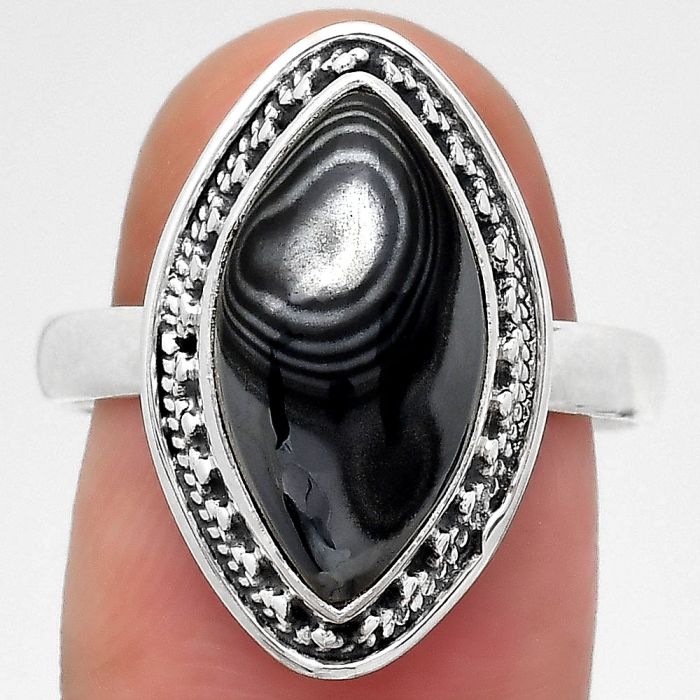 Crown Of Silver Psilomelane - Black Malachite Ring size-8.5 SDR134717 R-1262, 9x17 mm