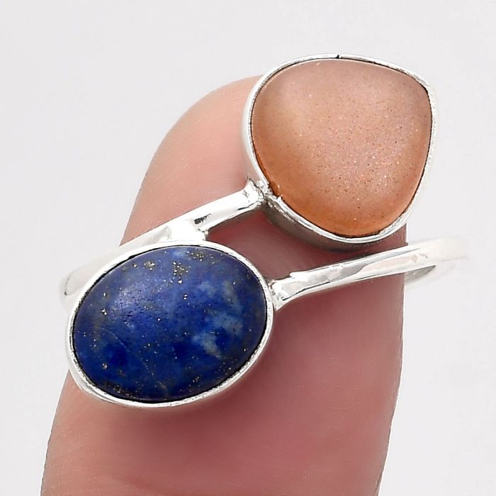 Natural Peach Moonstone and Lapis Ring size-7.5 SDR136148 R-1235, 10x10 mm