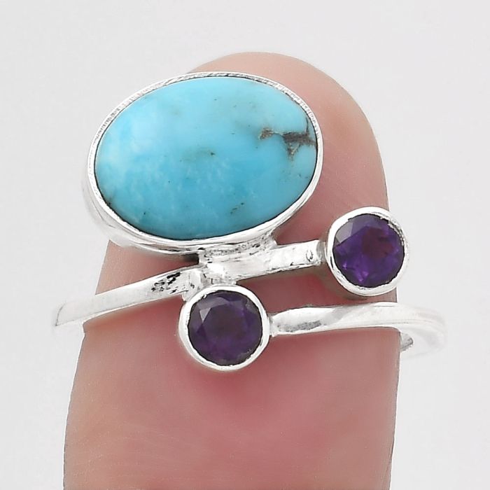 Natural Turquoise Morenci Mine and Amethyst Ring size-7 SDR136163 R-1237, 9x12 mm