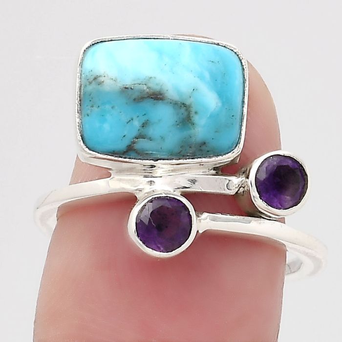 Natural Turquoise Morenci Mine and Amethyst Ring size-7 SDR136173 R-1237, 8x11 mm