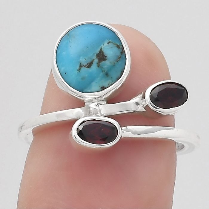 Natural Turquoise Morenci Mine and Garnet Ring size-6.5 SDR136182 R-1237, 8x8 mm