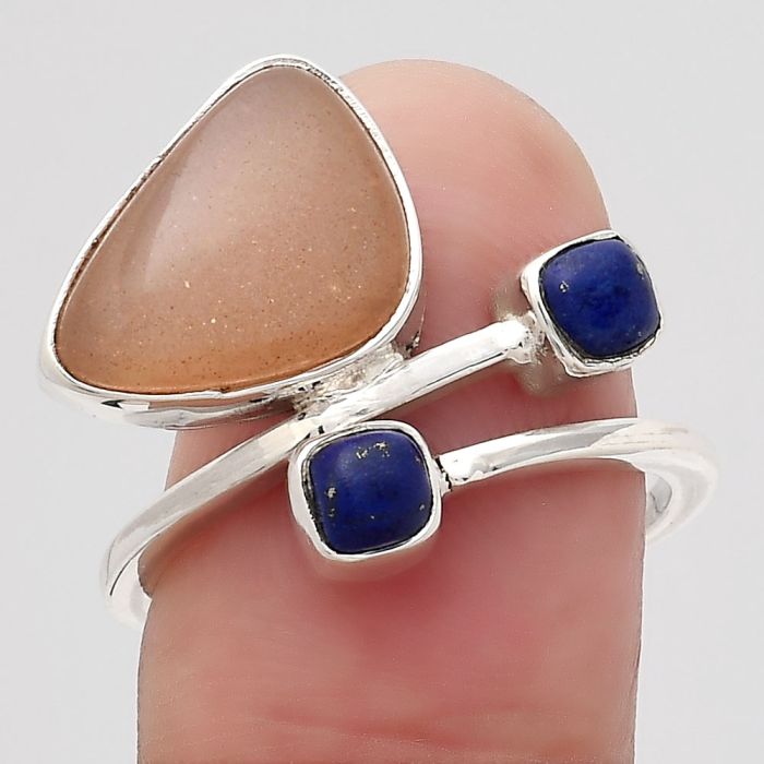 Natural Peach Moonstone and Lapis Ring size-8 SDR136293 R-1237, 10x14 mm