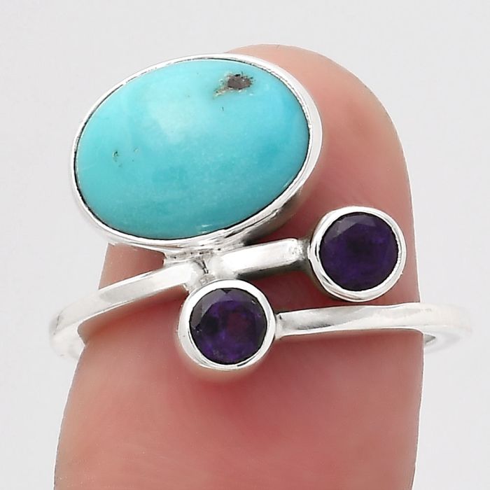 Natural Rare Turquoise Nevada Aztec Mt and Amethyst Ring size-6.5 SDR136326 R-1237, 9x12 mm